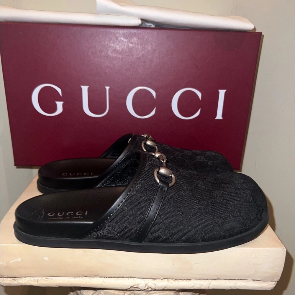 Gucci Black textile logo horsebit mule clog